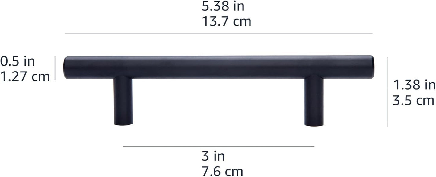 Amazon Basics Euro Bar Cabinet Handles, Drawer Pulls, 5.38-inch Length, 3-inch Hole Center, 1/2-inch Diameter, Matte Black, 20-Pack, AB1500-FB-10