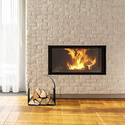 relaxdays firewood basket for fireplace, metal, nickel-plated handle shown in use