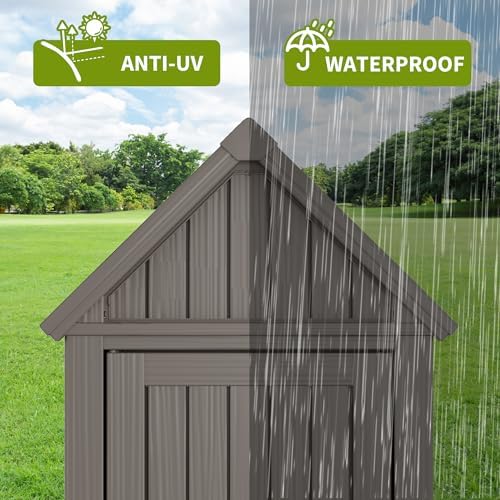 outdoor storage shed – sturdy resin with sloping, front angle view