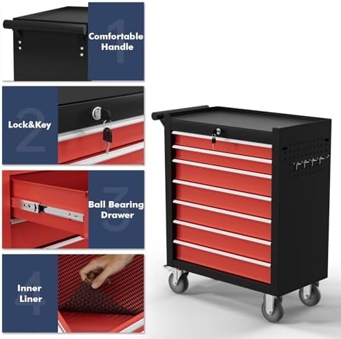 7-drawer tool chest,rolling tool cart with wheels,high capacity, side view