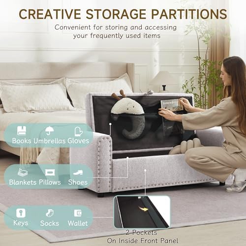 ottoman with storage, tufted storage bench for bedroom, side view