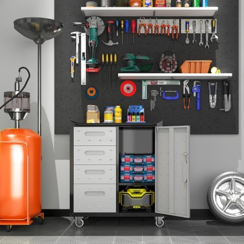 metal garage storage cabinet on wheels, lockable rolling shown in use