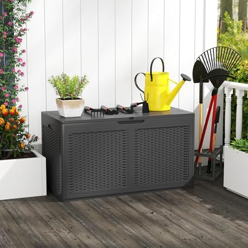 tangkula 100 gallon outdoor storage box, lockable outdoor, front angle view