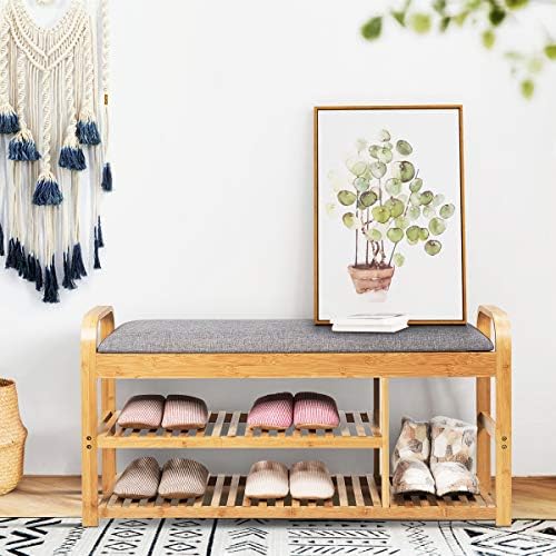 tangkula bamboo entryway shoe bench, 3 tier sturdy, side view
