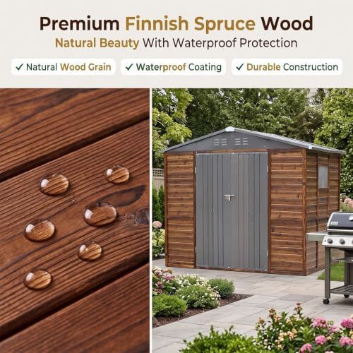 8x6 ft outdoor sotrage shed, iron wood combination, side view