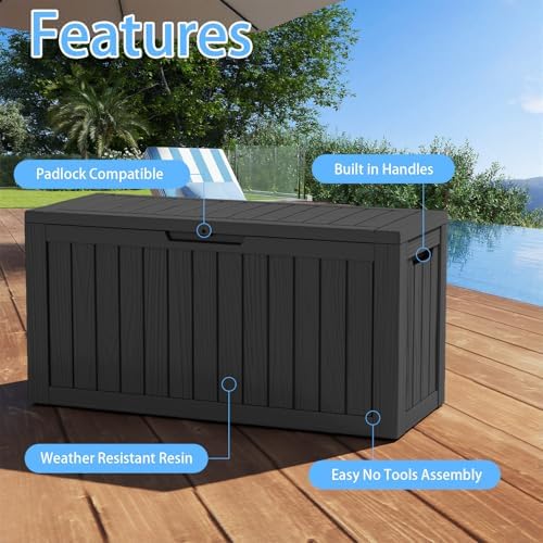 85 gallon outdoor deck box, resin waterproof storage, side view