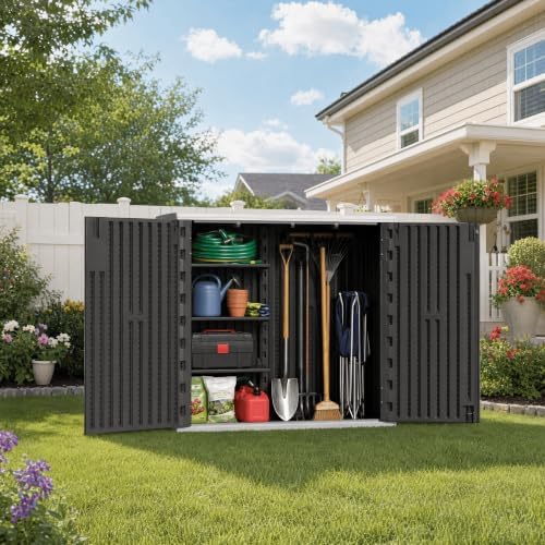 addok outdoor storage cabinet, 37 cu.ft horizontal resin shown in use