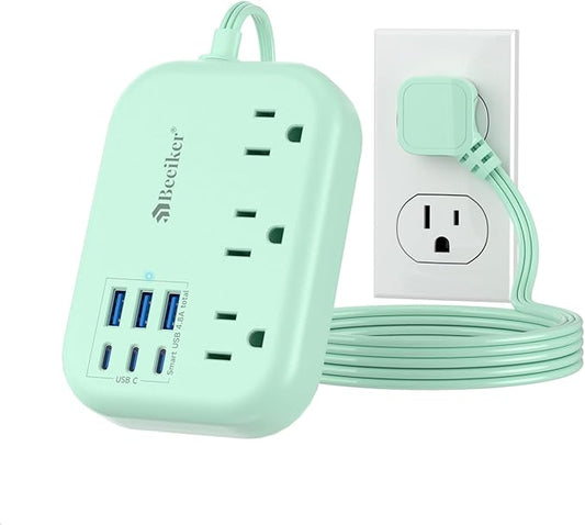 6 USB Green Travel Power Strip- 5Ft Green Extension Cord by Beeiker-BetterHelperforYou