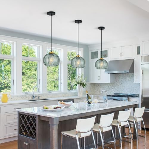 Gray Green Glass Pendant Lights Kitchen Island 2 Pack 7.87 in Hand Blown Glass Globe Pendant Light Fixtures Modern Pendant Lighting for Kitchen Island Bedroom Dining Room