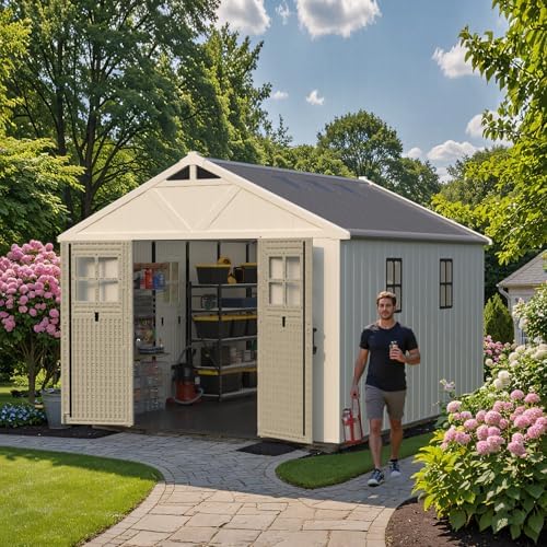 patiowell 10x12 ft resin outdoor storage shed with shown in use