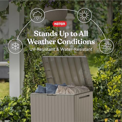 keter city 30 gal outdoor storage box and, close-up detail