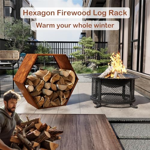 firewood log rack, heavy-duty hexagon, indoor & outdoor shown in use