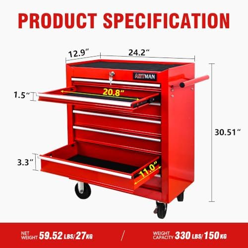 7 drawers rolling tool cart on wheels, multifunctional, side view