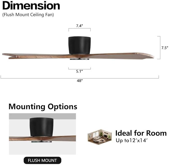 WINGBO 48" Flush Mount DC Ceiling Fans without Lights, 5 Carved Solid Wood - Image 4
