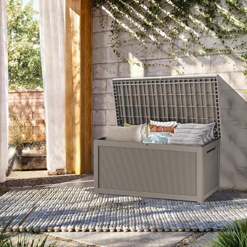 380 gallon outdoor storage box waterproof, lockable resin shown in use