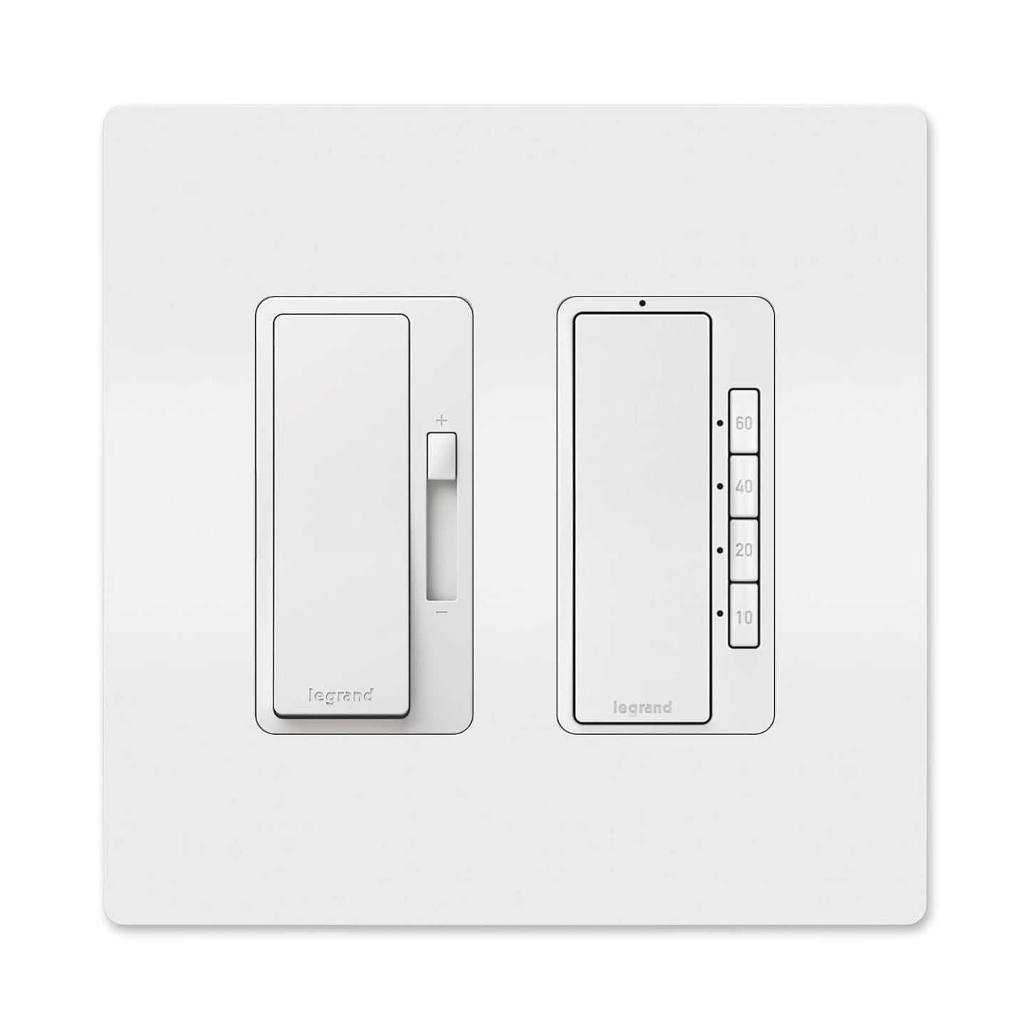 Legrand Radiant Ultimate Bathroom Bundle - Dimmer+Paddle Switch for Lights (150W), 4 Button Options Timer for Exhaust Fan, Matching 2 Gang Screwless Wall Plate, White
