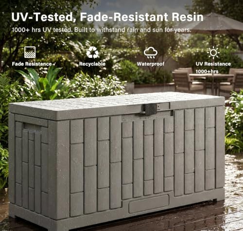 lausaint home 60 gallon resin deck box, package showing dimensions