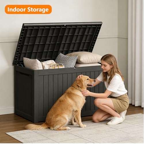 270 gallon outdoor storage box resin deck box on a desk or shelf