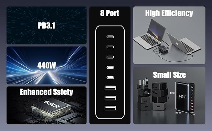 440W USB C Charger Block, 8-Port USB C Charging Station GaN IV Travel - Image 8