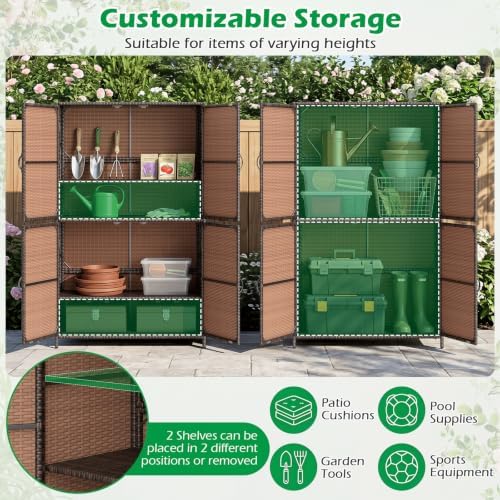 tangkula rattan outdoor storage cabinet with 2 adjustable shown in use