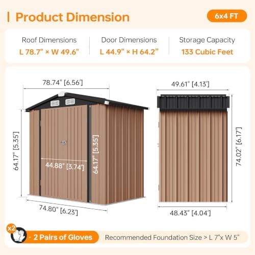 6x4ft outdoor storage shed with base brown shown in use