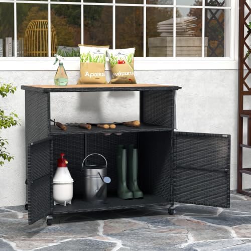 happygrill outdoor storage cabinet with wheels, pe rattan, close-up detail