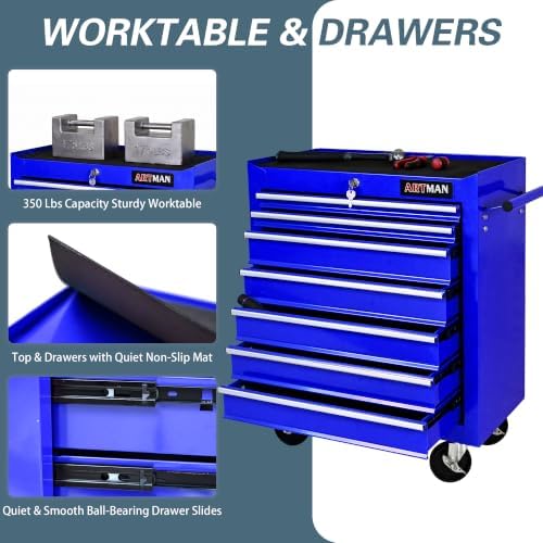 7 drawers rolling tool chest on wheels, multifunctional, side view