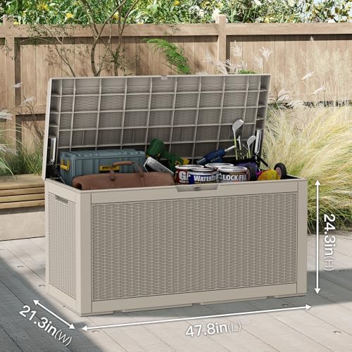 mars villa 100 gallon deck box, outdoor storage shown in use