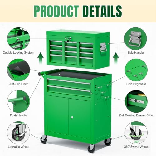 10-drawer rolling tool chest with wheels, lockable 2-in-1 showing dimensions