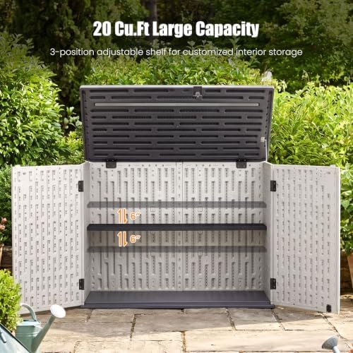 dreamade horizontal outdoor storage cabinet, 20 cu.ft resin showing dimensions