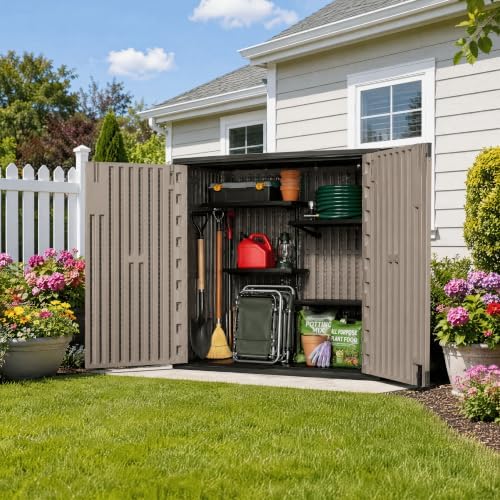 addok outdoor storage cabinet, 37 cu.ft horizontal resin shown in use