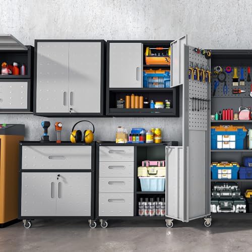 metal garage storage cabinet on wheels, lockable rolling on a desk or shelf