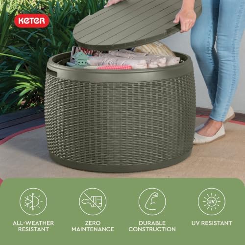 keter circa 37 gallon resin deck box stool, front angle view