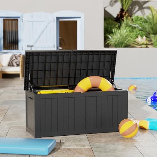 300 gallon outdoor storage box, waterproof resin deck showing dimensions