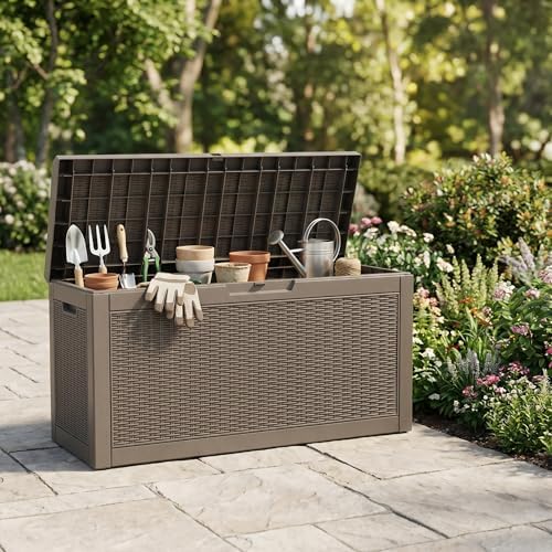 60 gallon deck box, waterproof resin outdoor storage on a desk or shelf