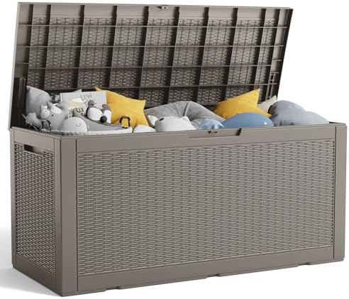 rojik 125 gallon waterproof outdoor deck storage box shown in use