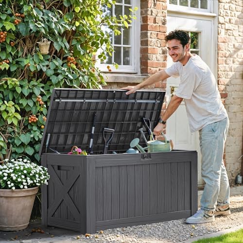 greesum 120 gallon deck box, resin outdoor storage, side view