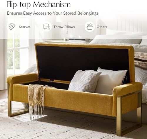 modern storage ottoman bench with gold metal legs, side view