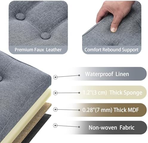 bsketa storage ottoman bench, 34" folding linen foot, side view
