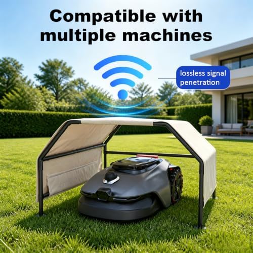 robot mower garage, rainproof uv-proof shelter for all shown in use