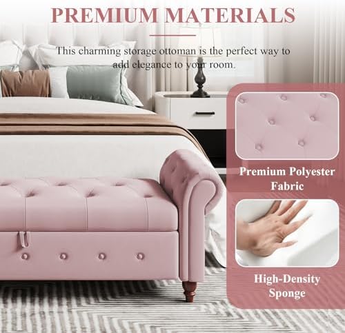63'' storage ottoman bench, upholstered bed bench, pink showing dimensions