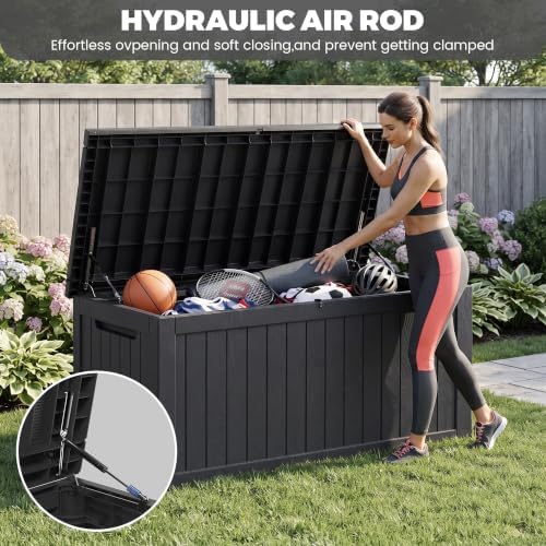 320 gallon outdoor deck box, lockable waterproof outdoor showing dimensions