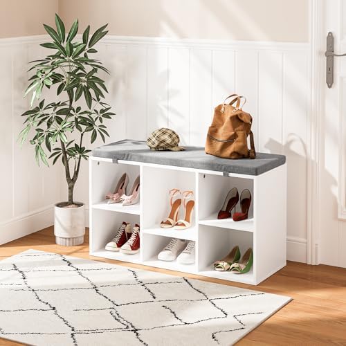 shoe bench, storage bench with padded seat, 6 shown in use