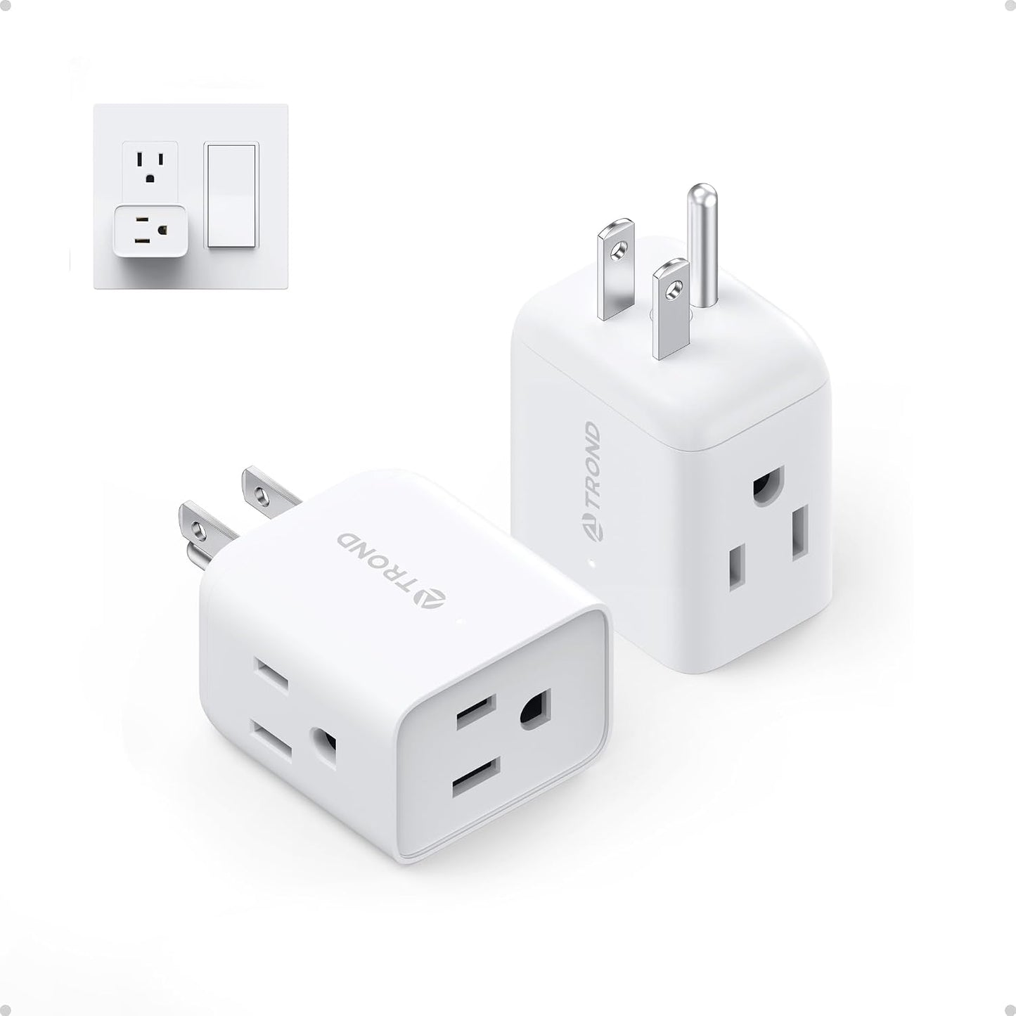 TROND Multi Plug Wall Outlet Extender 2 Pack, Small Outlet Splitter, White | ETL Listed 3 Way Plug Extender Fit Large Adapter, Multiple Wall Expander for Cruise Travel Home Kitchen Bathroom Tight Space