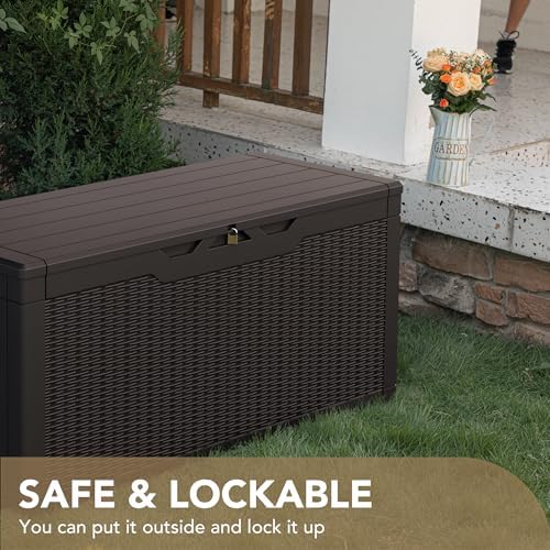 devoko 100 gallon waterproof deck box, resin large showing dimensions