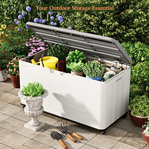 zzm 110 gallon outdoor deck box with wheels showing dimensions