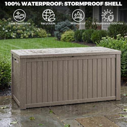 outdoor storage box, 200 gallon waterproof deck box showing dimensions
