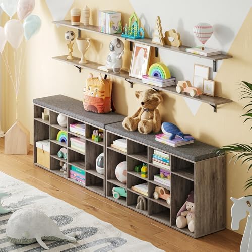 dinzi lvj shoe storage bench with cushion, 16-cubby shown in use