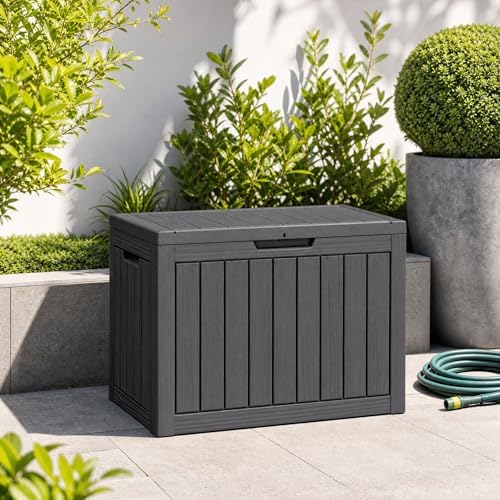 outdoor storage box resin deck box waterproof black, front angle view