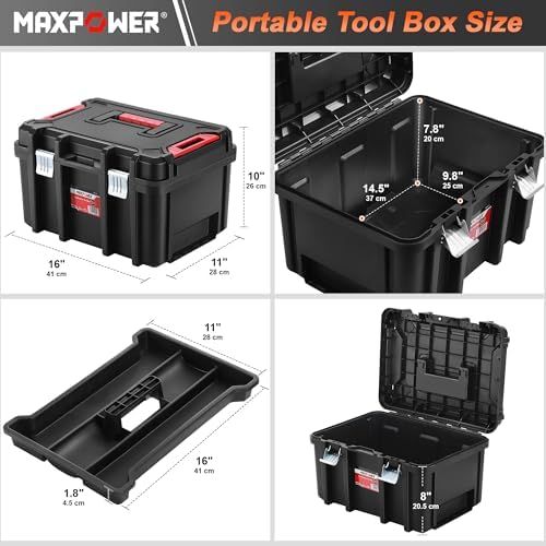 maxpower 16-inch stackable tool box, 10" h, metal shown in use